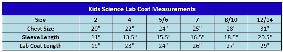 Kids Science Lab Coat Size Chart
